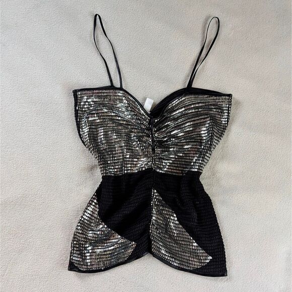 Vintage Sparkly Tank Top Women's XS/Small Black Silver Ruched Metallic Disco - Picture 2 of 7